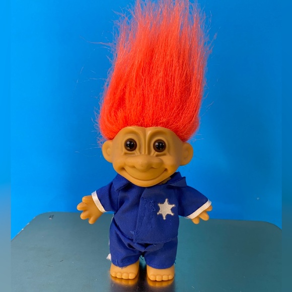 RUSS BERRIE VTG COLLECTIBLE POLICE OFFICER NEON ORANGE HAIR TROLL DOLL w/UNIFORM - Picture 1 of 10